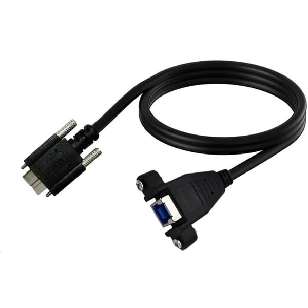 USB 3.0 -datakaapeli 5 Gbps nopeudella ja kiinnitysruuvilla. USB B naaras - micro B uros -adapterikaapeli.