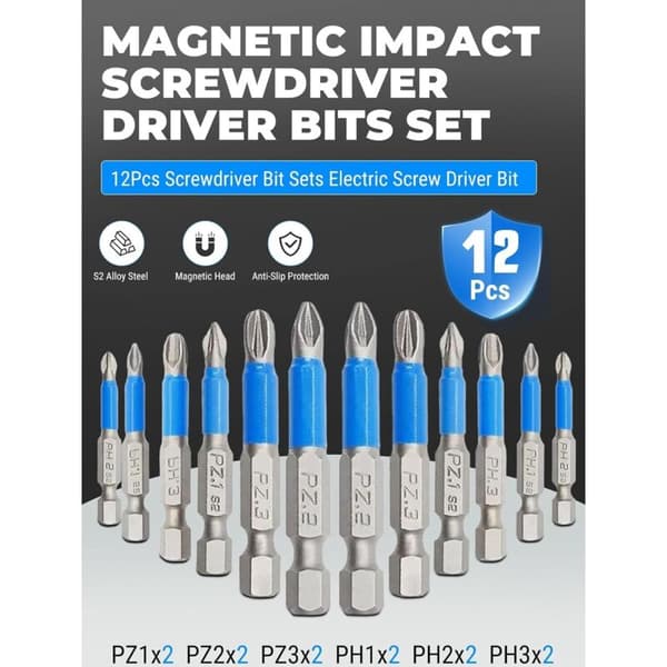 Magnetisk slagskruetrækkersæt – 12 dele. Elektriske skruetrækkerbits. Sekskantede bits (PZ1, PZ2, PZ3, PH1, PH2, PH3)