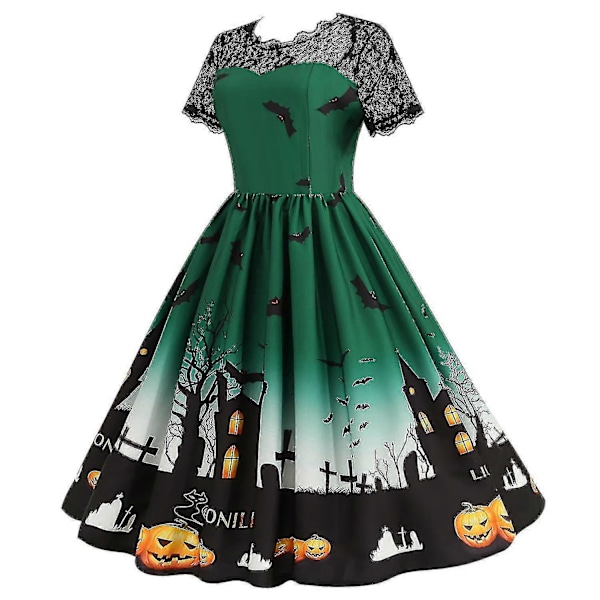 Halloween Dame Mode Print Kortærmet Rund Hals Afslappet Kjole med Kant