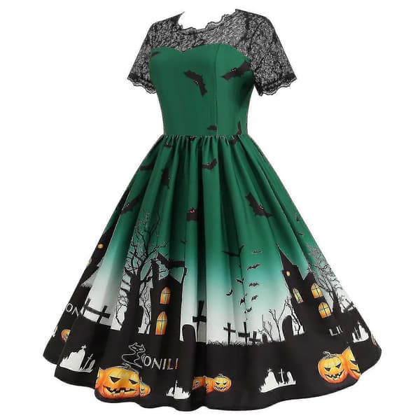 Halloween Dammode Tryck Kortärmad Rundhalsad Casual Fållklänning