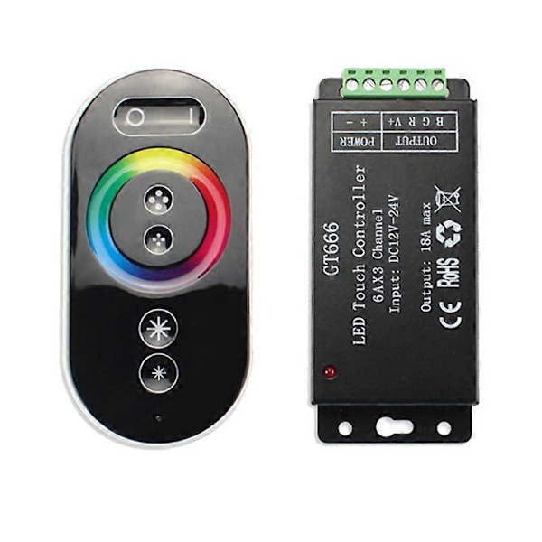 GT666 RGB LED LED Strip Kontroller Trådløs RF Touch Fjernkontroll DC 12V 24V 18A 3 Kanaler Lys Tape Di