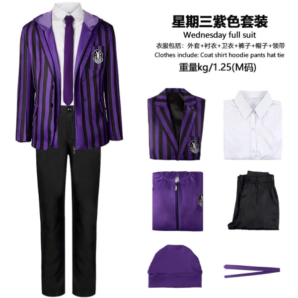 Addams familj cos kostym Halloween onsdag Addams svart klänning printed kjol cosplay kostym Purple black M