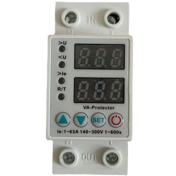 Justerbart 63A spänningsskyddsrelä för DIN-skenmontering i hemmet med dubbel LED-display och strömbegränsningsfunktion (220V)