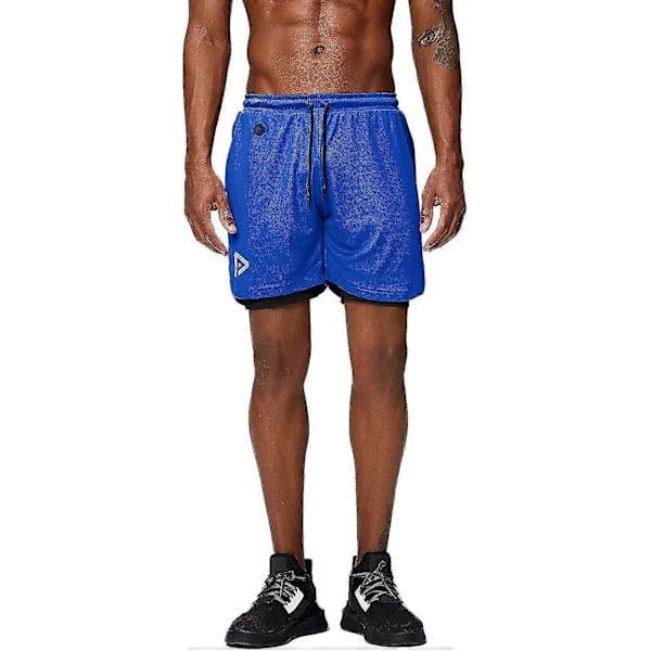 2-i-1 løpeshorts med telefonlomme treningsstudio hurtigtørkende herreshorts 5 tommer (blå, X-Large)