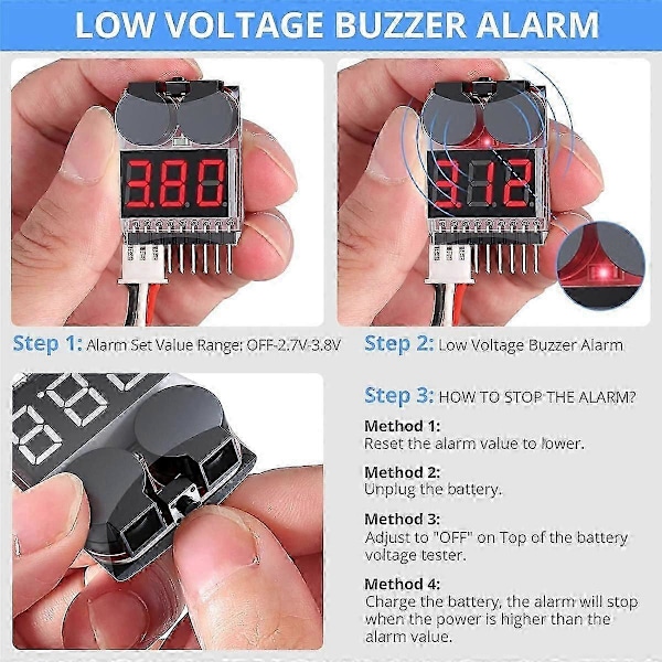 5 STK 2 I 1 1-8S Lipo Batterispændingstester, RC Lavspændingssummeralarm, Batteriovervågnings- og tester kompatibel med Lipo/Li-Ion
