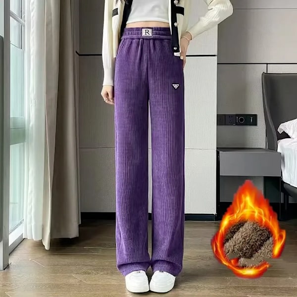 Damer i enfärgad elastisk midja Bokstavsbyxor Höst och vinter Hög midja ficka Rak Casual Byxor med vida ben Grey thin M(47.5-52.5)kg