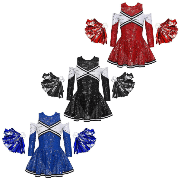 Barn Flickor Cheerleader Kostym Uniform Set Off-shoulder glänsande paljetter Klänning med 1 par blombollar Set för cheerleading dans 10 Royal Blue