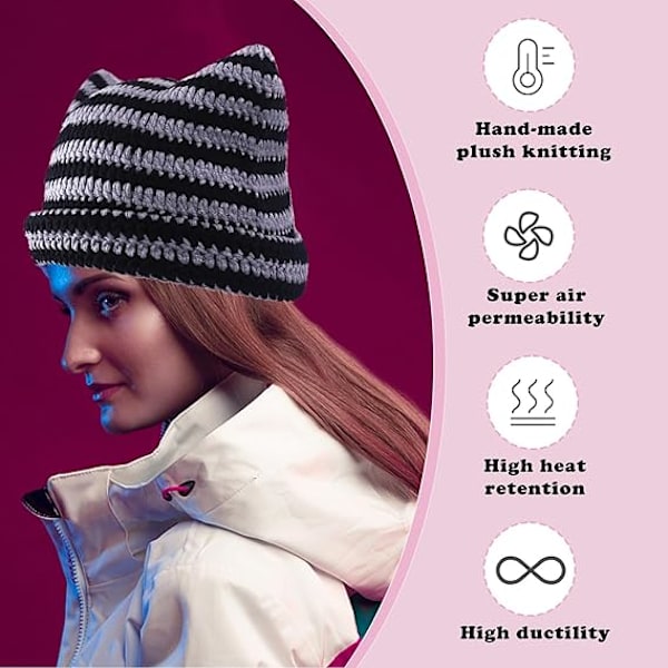 Trendy sort og hvid stribet strikket hue til kvinder, varm pulloverhætte med hornspids til efterår og vinter white black