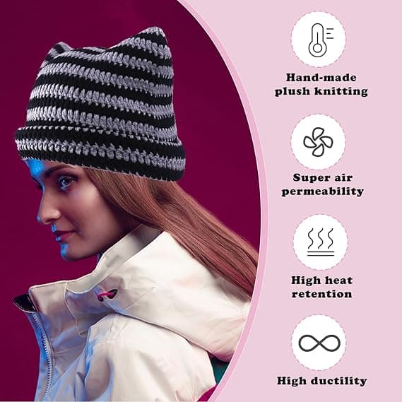 Trendy svart og hvitstripet strikket lue for kvinner, varm pulloverhette med hornpunkt for høst og vinter khaki