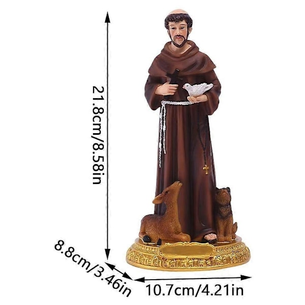 Fransiskus-statue, håndmalt harpiksstatue, figur med kors, skrivebordskulptur, ornament til hjemmet