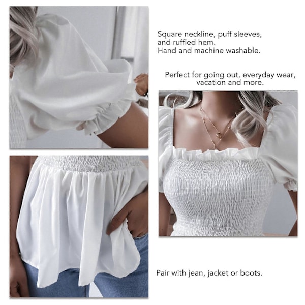 Dam Topp Fyrkantig Hals Kort Puffärm Casual Volangfåll Blus Smock Polyester för Sommar Vit M