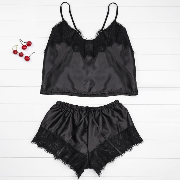 Kvinnor Sexig Satin Silke Spetsväst Shorts Pyjamas Set Sovkläder Nattkläder Black S