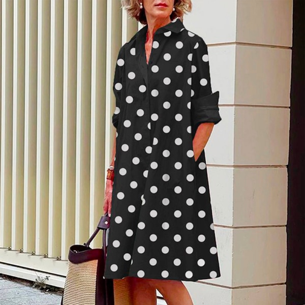 Sommar Populär Enfärgad Polka Dot Print Sexig Skjorta Sommarklänning Lös Pocket Dress A9SYDDG230613X L