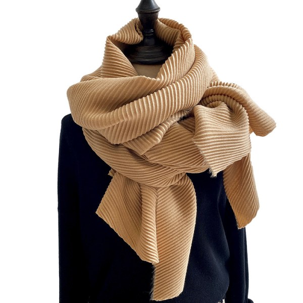 Japansk grön Miyake-stil enfärgad imiterad bomull och linne veckad scarf vinter dam stil sjal varm scarf Khaki