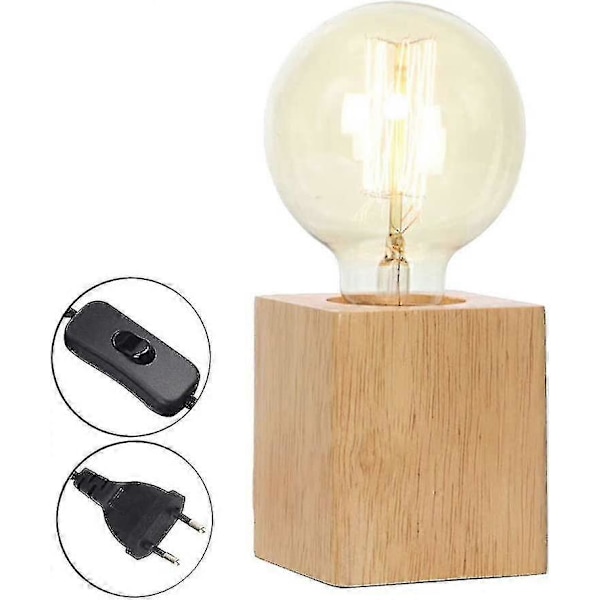 Træ Cube Bordlampe, E27 Fatning, 1,8m Kabel Med Afbryder, Max 60w, Edison Industrielt Retro Dekorativ Lampe, Bruges I Soveværelse, Stue, Studio, Ca