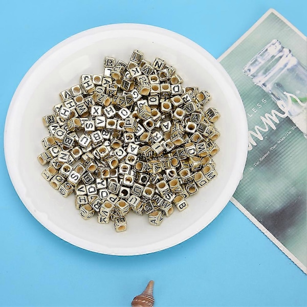 500 st Akrylpärlor Fyrkantiga DIY Handgjorda Pärltillbehör Engelska Alfabetet 6mm (Gyllene)
