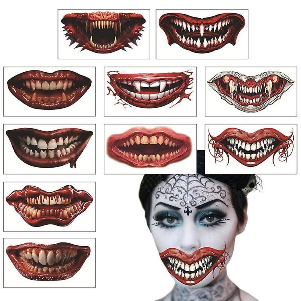 Skrämmande munklistermärke 10 st Skrämmande stora munnar klistermärke Clown Skräckmun tillfälligt klistermärke för maskerad cosplay