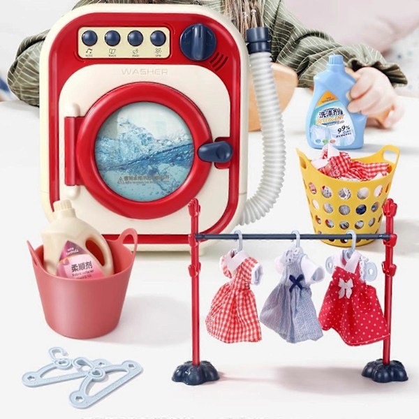 Mini Vaskemaskin Leke for Barn Realistisk Klesvask Lekeapparat Med Musikk, Vannvirvel og Tømmefunksjoner Pedagogisk Leke Sett