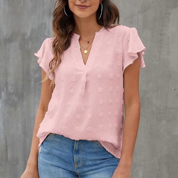 Dam Blus V-ringning Volangärm Lös Andningsbar Prickig Polyester Dam T-shirt för Vår Sommar Höst Rosa XL