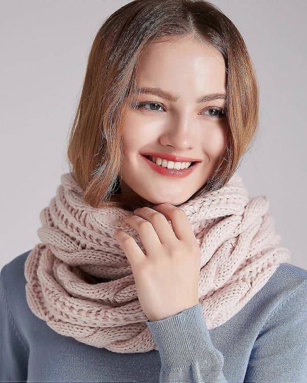 Dame Tyk Ribstrikket Vinter Infinity Circle Loop Halstørklæde Premium Twist Light Pink