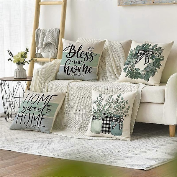 Vår Kuddfodral 45x45 cm Set om 4, Vårdekorationer, Eukalyptus Bondgård Prydnadskudde
