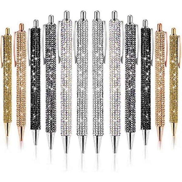 12 stk. Bling Kuglepen Bulk Metal Kuglepen Diamant Kuglepen Krystal Udtrækkelig Sort Blæk 0,7 mm Kuglepen
