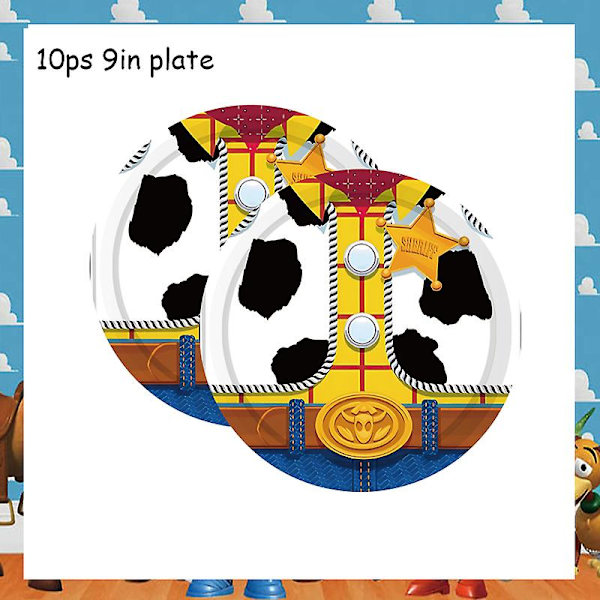 Blå himmel Vita moln Tema Festtillbehör Tecknad Toy Story Engångsservis kopp för barn Pojkar Födelsedagsfestdekorationer 9inch Plates-10Pcs