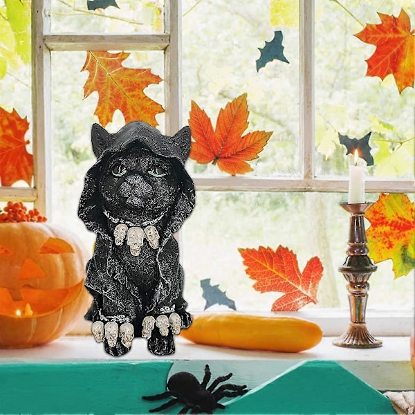 Kattestatuett av Grim Reaper i kappe, Svart Søt Kattestatuett i kappe, Gotisk Katte- og Hekse Grim Reaper-dekorasjon, Reaper Cat Deco