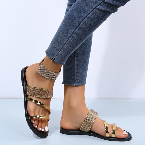 Sommarsandaler för kvinnor Platt sandal Sparkle Rhinestone Slide Trendig Damstrand Glittrande Dressy Slip on Bling Casual Shoes Gold 40