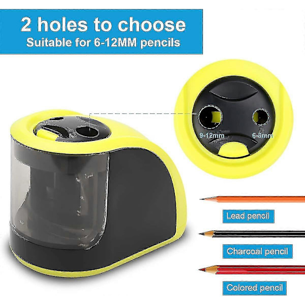 Blyantspidser - Elektrisk blyantspidser med USB eller batteridrift - 2 huller (6-8 mm & 9-12 mm) - Perfekt gave til børn, studerende, kunstnere, professionelle