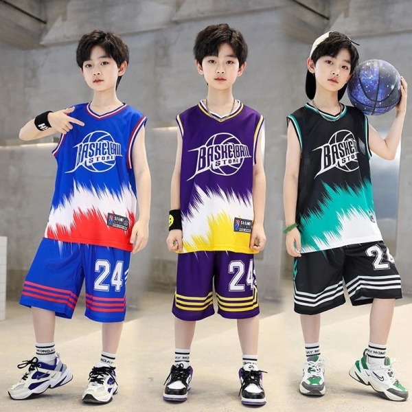 Pojkar sommar snabbtorkande basket sportkläder T-shirt + shorts Black 140cm