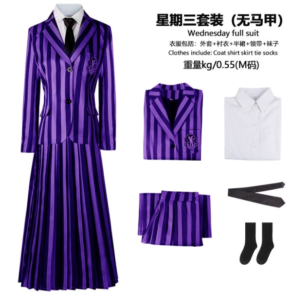 Addams familj cos kostym Halloween onsdag Addams svart klänning printed kjol cosplay kostym Purple 130