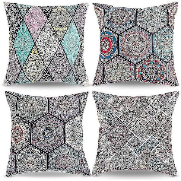 4 kpl Koristetyynynpäällisten setti, sohvan heittotyynyt, pellavainen boho-tyynynpäällinen, koristetyynyt täytteellä, Mandala-sisustus 45x45cm