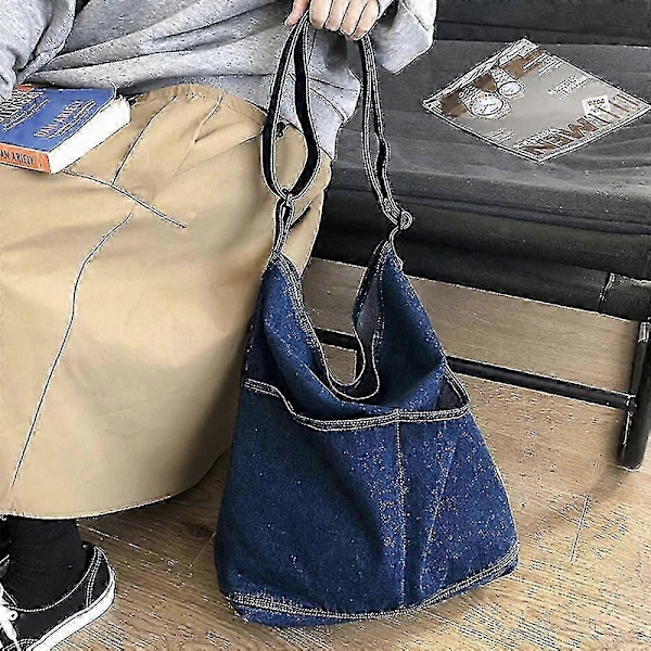 Denim Lærredstaske Justerbar Enkelt Skulderrem Med Sidelomme Til Kvinder