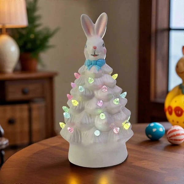 Keramisk Påskehare Træfigur med LED-lys, Samlerobjekt Julepynt