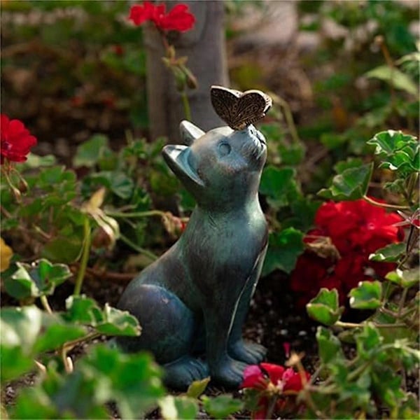 Kat og Sommerfugl Nysgerrighed Have Statue, Nysgerrig Kat Sommerfugl Have Statue Dekoration Kat Skulptur Dyrefigurer
