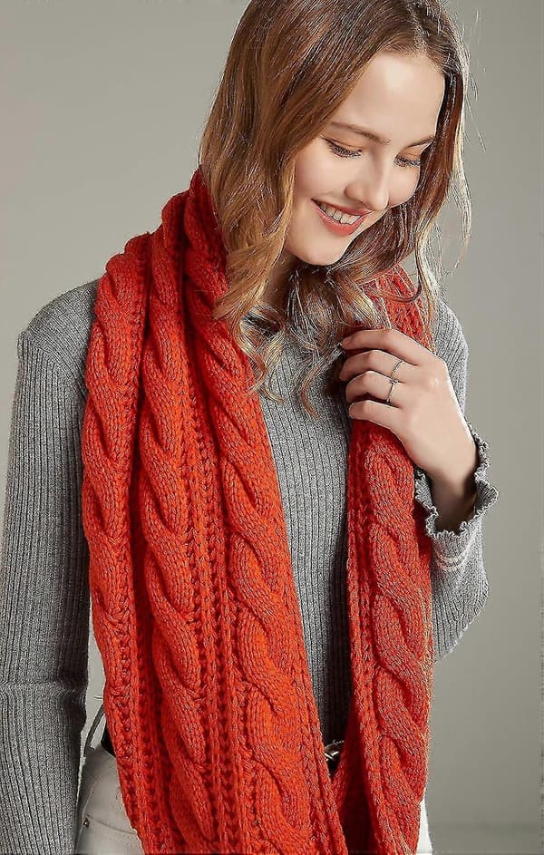 Dam Tjock Ribbstickad Vinter Infinity Cirkel Loop Halsduk Premium Twist Orange