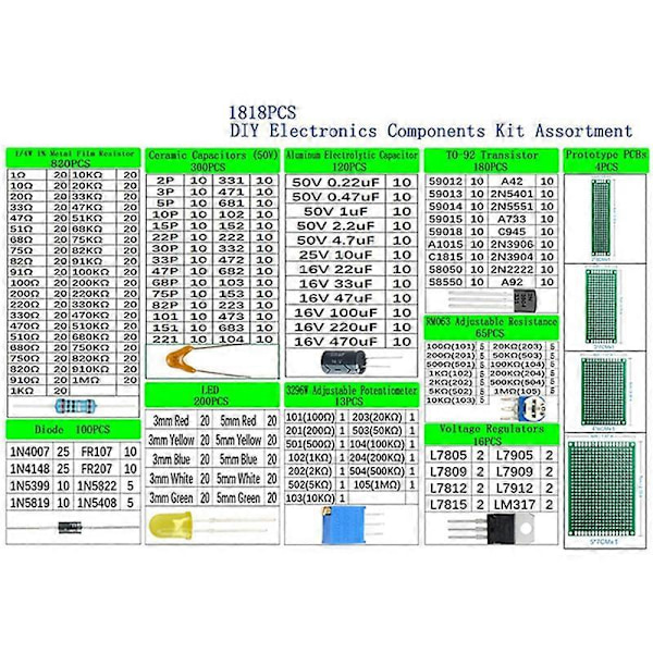 1818 kpl DIY Elektroniikkakomponenttisarja Valikoima Vastukset LED Triodi Kondensaattorit Diodit PCB Potenti