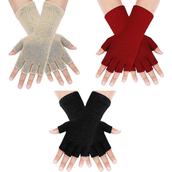 3 Par Fingerless För Kvinnor Män Halvfinger Vinterhandskar Lättvikt