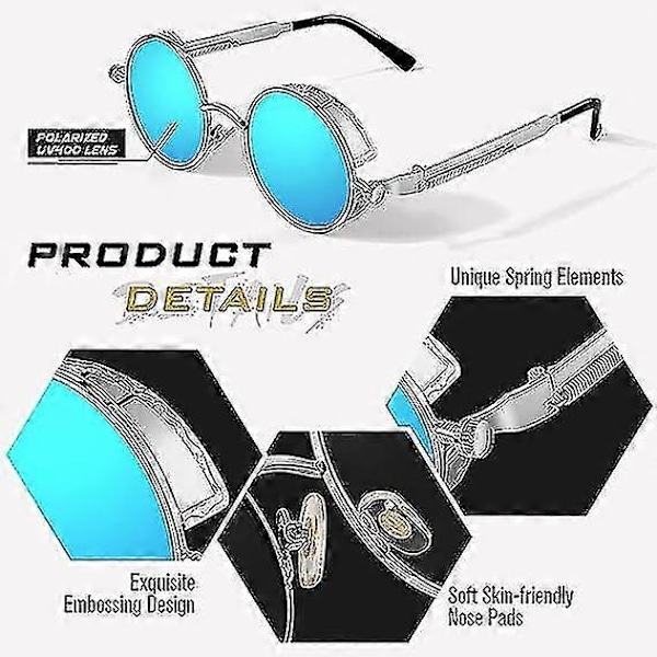 Polariserte solbriller runde retro metallramme steampunk for menn og kvinner unisex