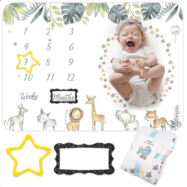 Baby Milestone Filt för Pojkar Flickor, Fleecefilt Djurtryckt Tillväxtfilt med 2 Filt Fotoramar-jie