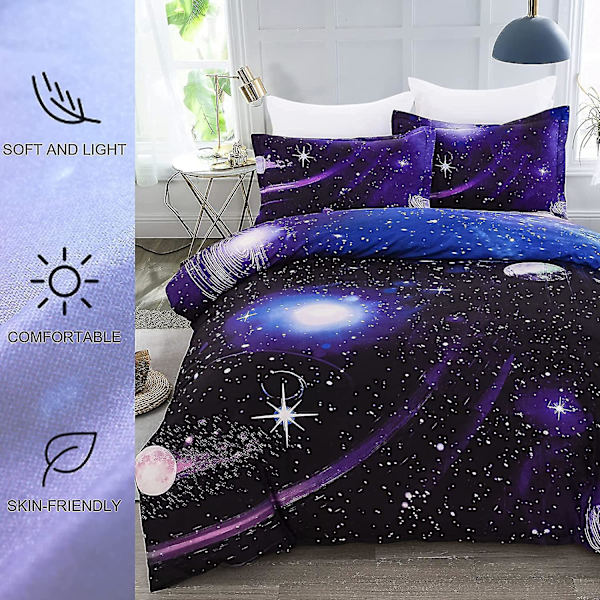 Galaxy Cover Set Vändbar Sky Universe Moon Printed Sängkläder Quilt Cover med dragkedja för sängkläder Decro, Ultra Soft Microfiber W King