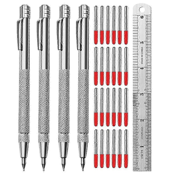 4 kpl volframikarbidipiirtotyökalu magneetilla, metallipiirrin, 24 ylimääräisellä vaihtokärjellä ja teräsviivaimella