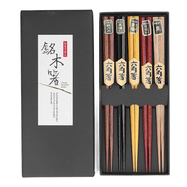 Chopsticks Set 5 Olika Färger Naturträ Halkfri Design Bekväma Ätpinnar Återanvändbara Hex Ätpinnar