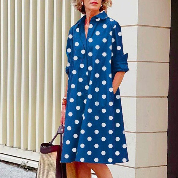 Sommar Populär Enfärgad Polka Dot Print Sexig Skjorta Sommarklänning Lös Pocket Dress A9SYDDG2306143 XL