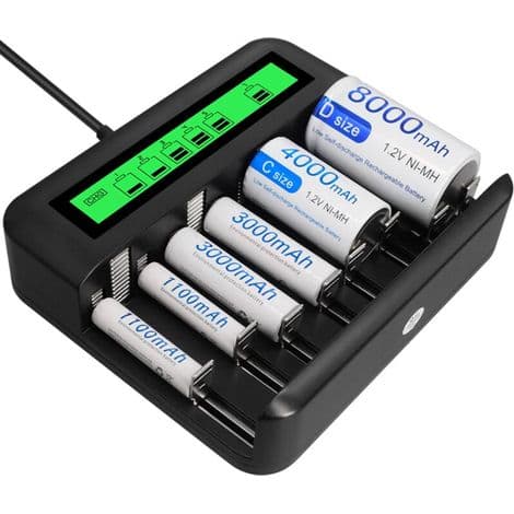 Universal LCD-batterioplader - 8-bås AA AAA CD-batterioplader til genopladelige batterier med 2A USB Type-C hurtig indgangsport