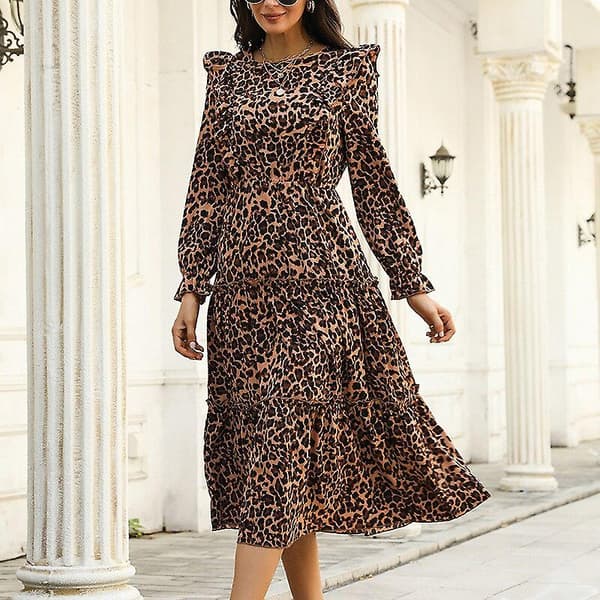 Höst Ny Elegant Mode Dam Leopardmönstrad Slim Klänning Gray XL