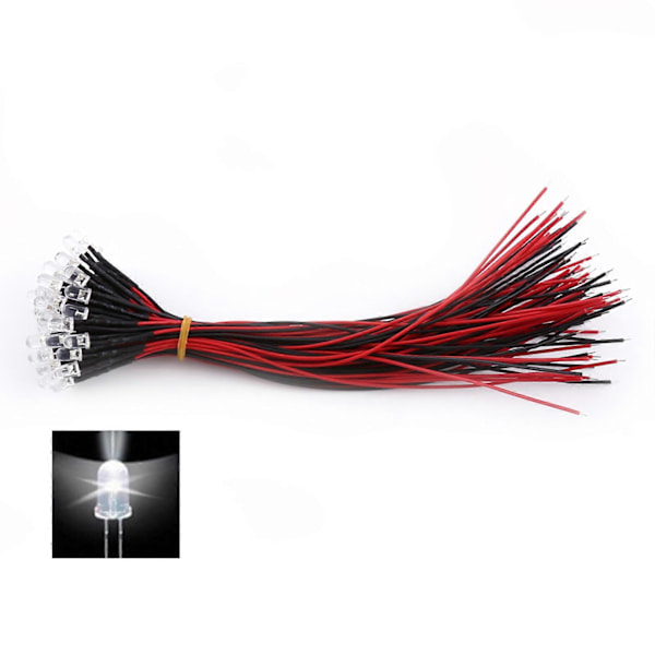 50 stk. ferdigkablet DC 9-12V 3 5 10mm Vannklar LED Dioder Hvit Rød Blå Grønn Lys