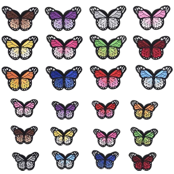 24 stk. Butterfly Strygemærker, Butterfly Broderi Applikation, DIY Dyrebroderimønster, Pigekjole Jeans Jakke Rygsæk