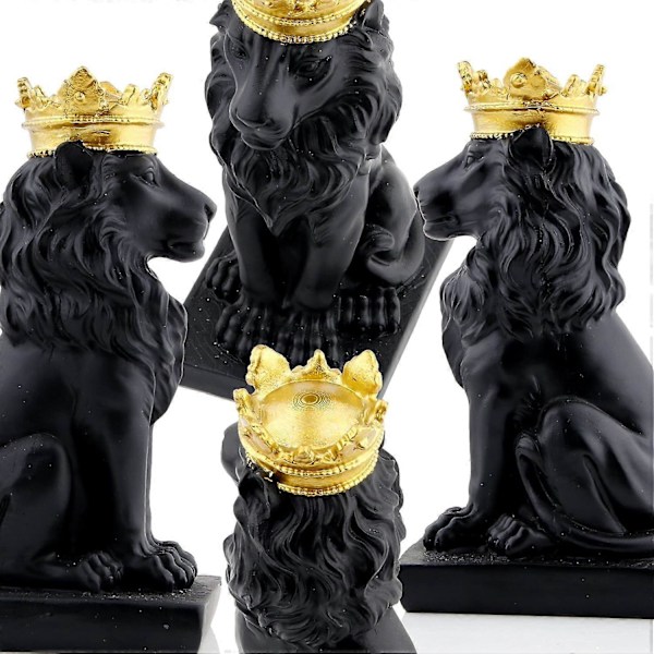 Sort Løve Konge Figur Statue med 24k Guldkrone til Boligindretning
